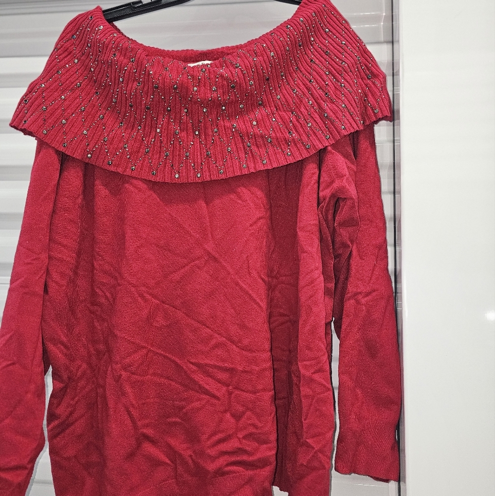 Plus Size Red Sequin Off Shoulder Sweater